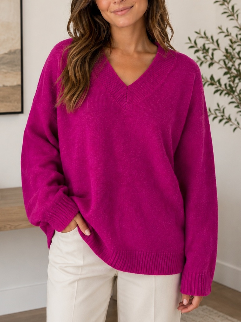 Zara Fuchsia V-Neck Knit Sweater Women’s Small